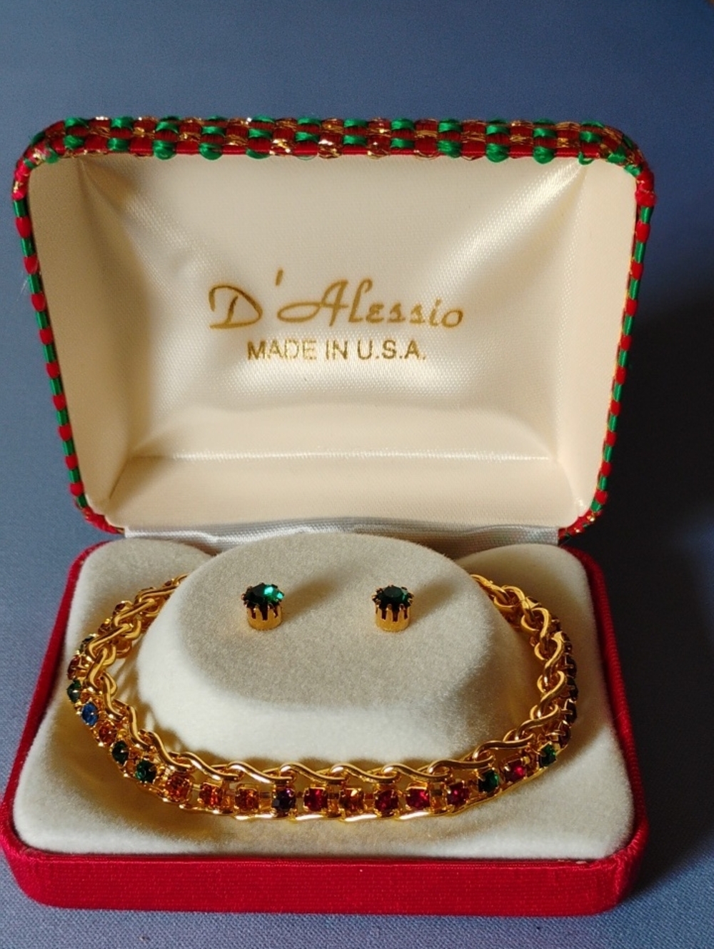 D'Alessio Bracelet And Stud Earrings In Gift Box 7" Goldtone Multicolor NIB